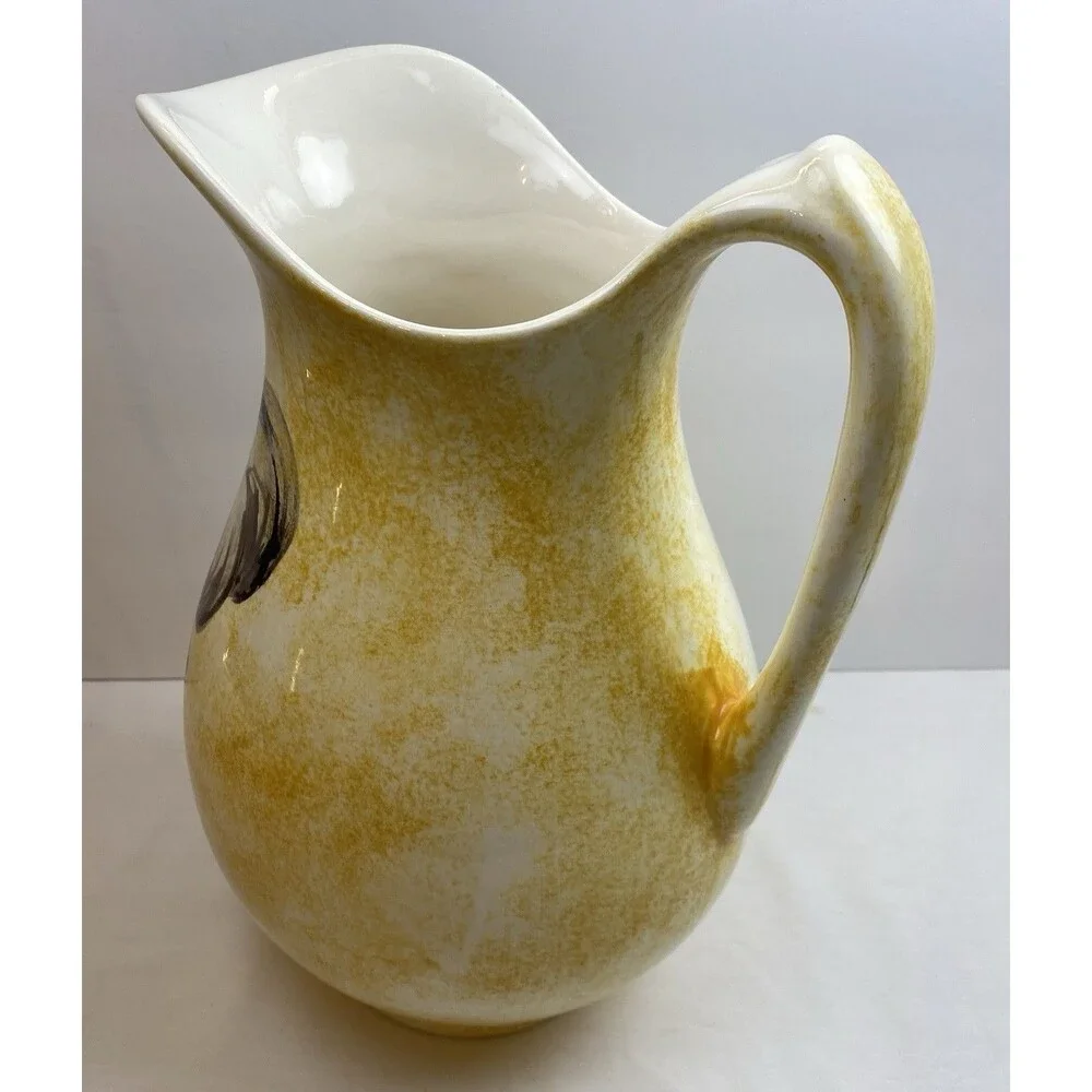 Ceramic Yellow Pitcher Rooster/Chicken Grapes Signed Hand Painted